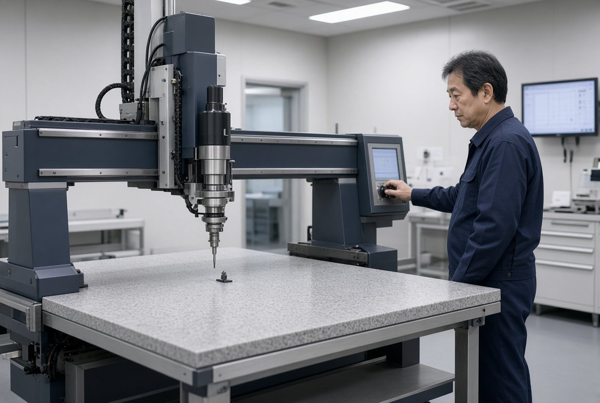 三次元測定機の操作盤に向かう、紺色の作業服の社員