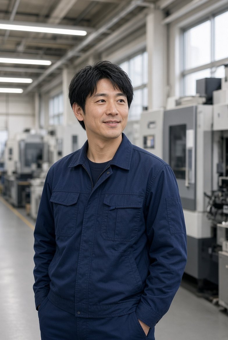 加工機の前に立つ、紺色の作業服の男性