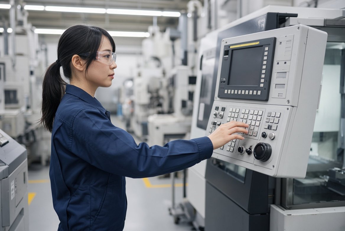 加工機の操作盤を操作する、紺色の作業服の女性社員
