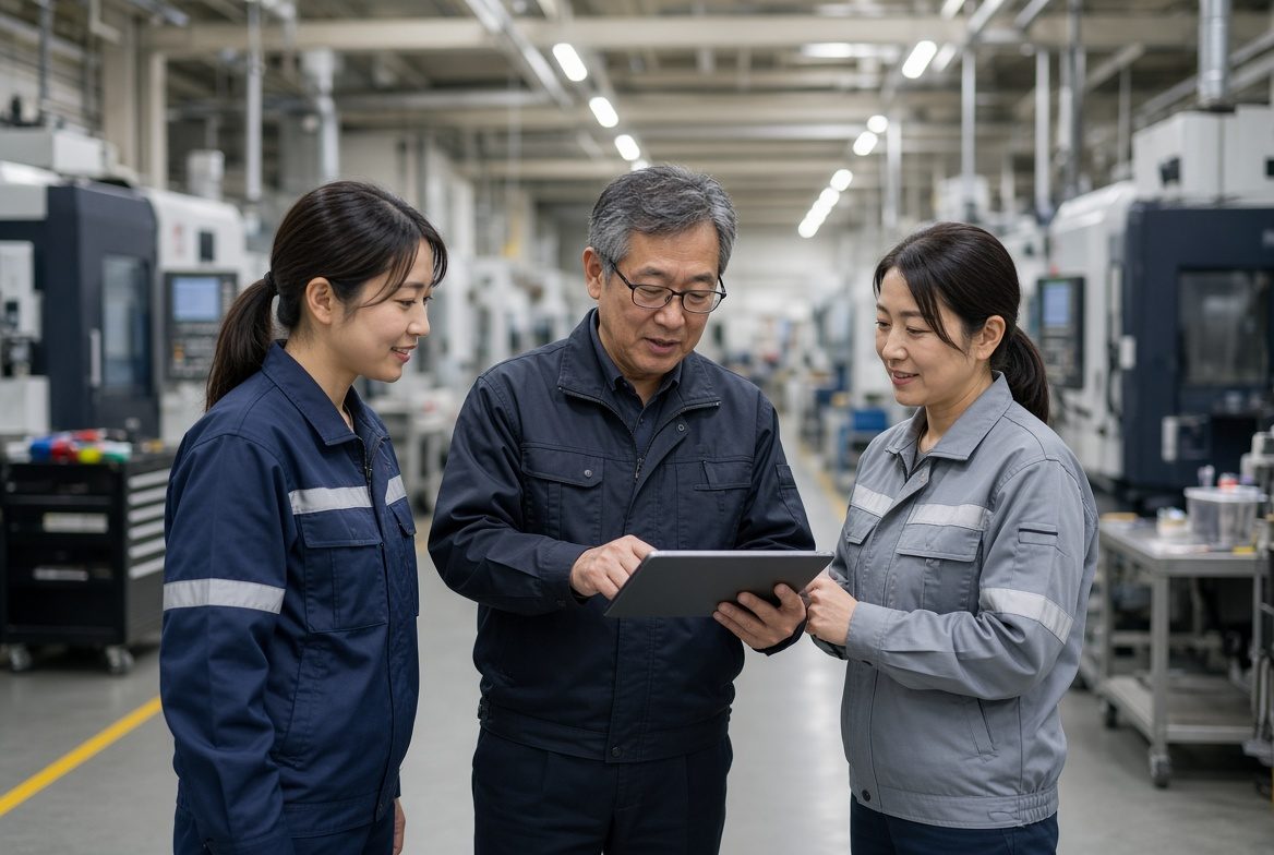 工場内でタブレットを囲んで話す、作業服姿の3人の社員